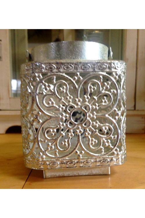 Mała latarenka metalowa srebrna kwadratowa 1380568 - 9,5x11,5 cm - doniczki-poznan.pl