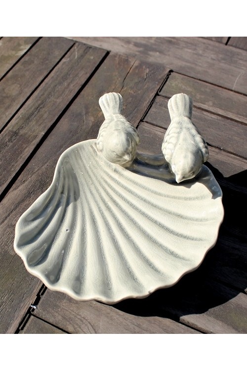 Poidełko ceramiczne muszla z ptaszkami oliwka 69990002 - 23x18x9 cm - doniczki-poznan.pl